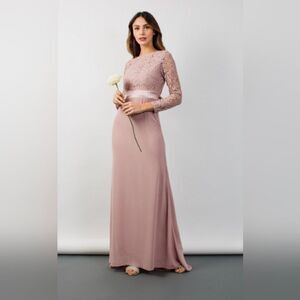 NWT TFNC Elly Lace With Sleeves Pale pink Mauve open back lace Maxi Dress 18